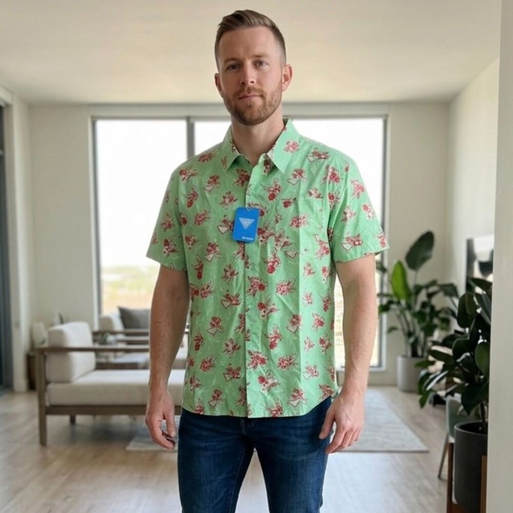 Columbia PFG Shirt Mens XL Green Button Up Swordfish Hibiscus Vented Rod Holder